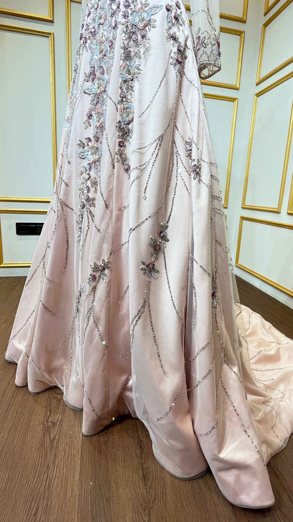 Powder pink trail gown with sequins & zarkan work in net