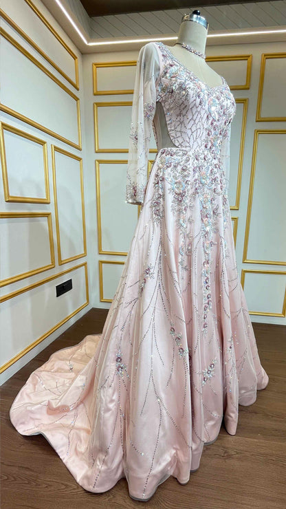 Powder pink trail gown with sequins & zarkan work in net