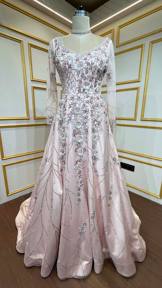 Powder pink trail gown with sequins & zarkan work in net
