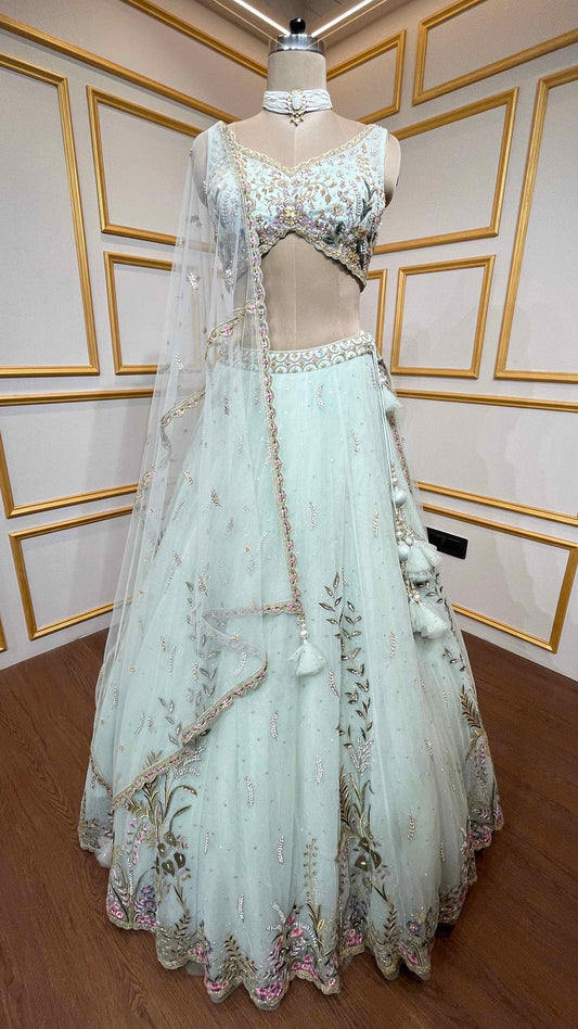 Powder mint engagement lehenga in net with resham & zarkan