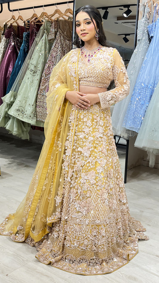 Mustard gold bridal lehenga in net with cut dana & sequins with heavy dupatta