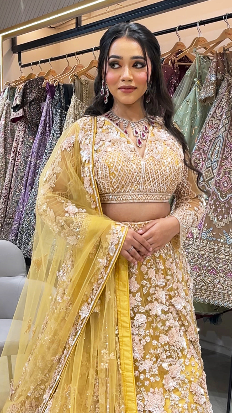 Mustard gold bridal lehenga in net with cut dana & sequins with heavy dupatta