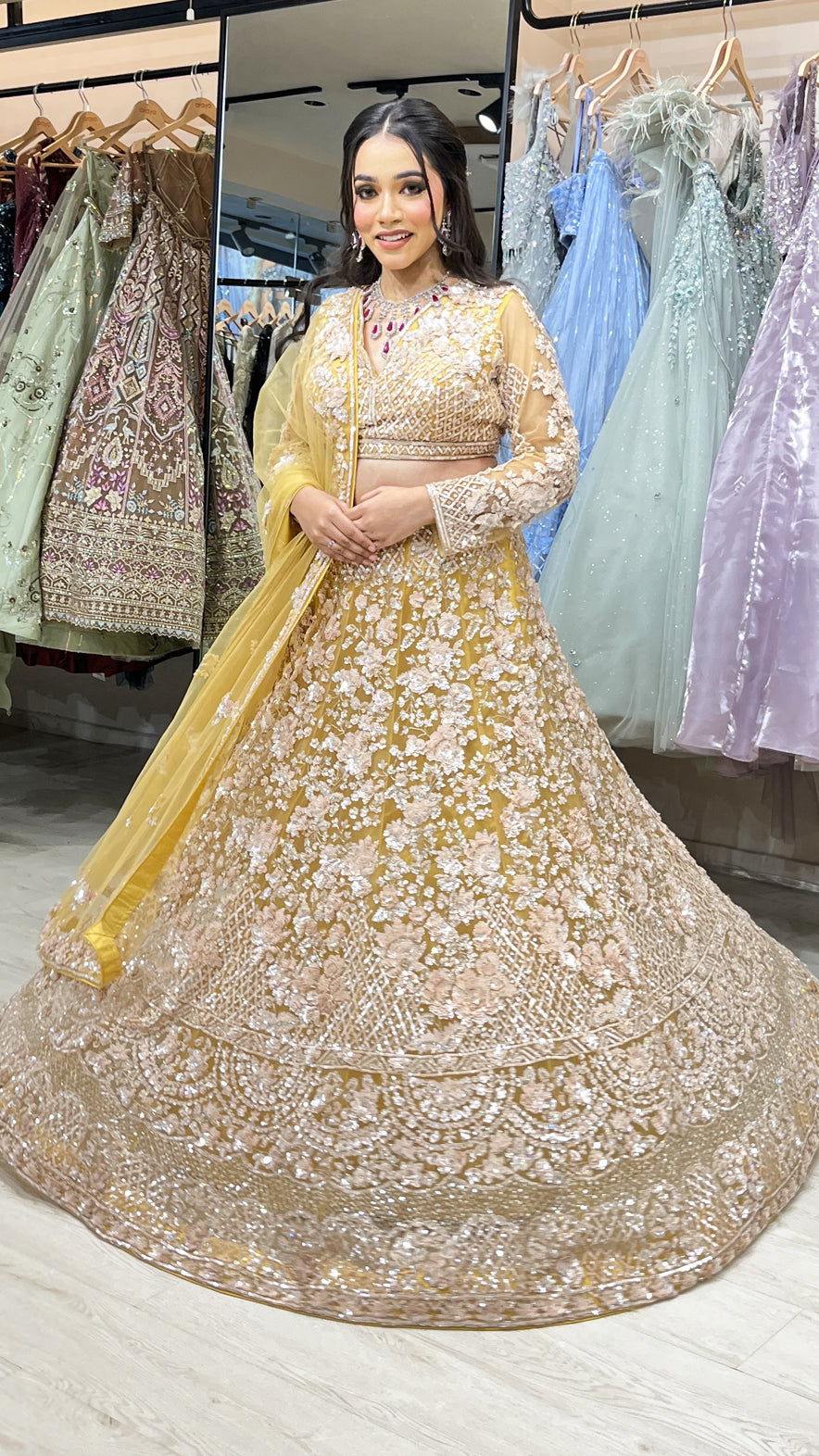 Mustard gold bridal lehenga in net with cut dana & sequins with heavy dupatta