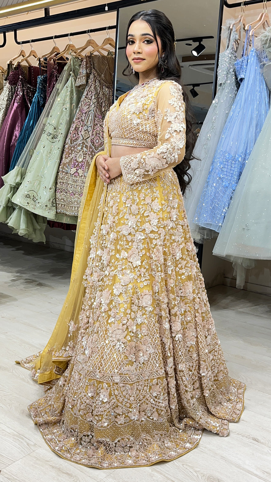 Mustard gold bridal lehenga in net with cut dana & sequins with heavy dupatta