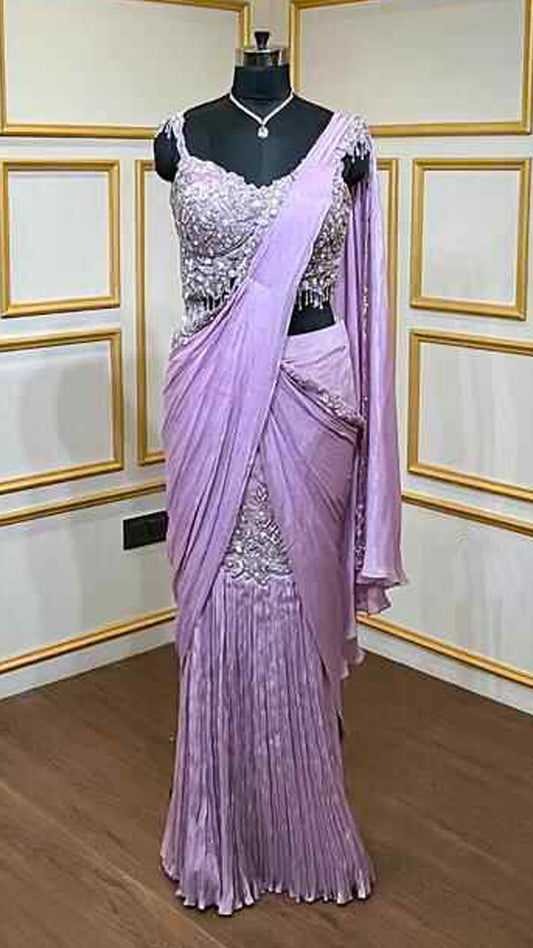 Chinon draped skirt with crystal & pearl handwork asymmetrical blouse in lilac