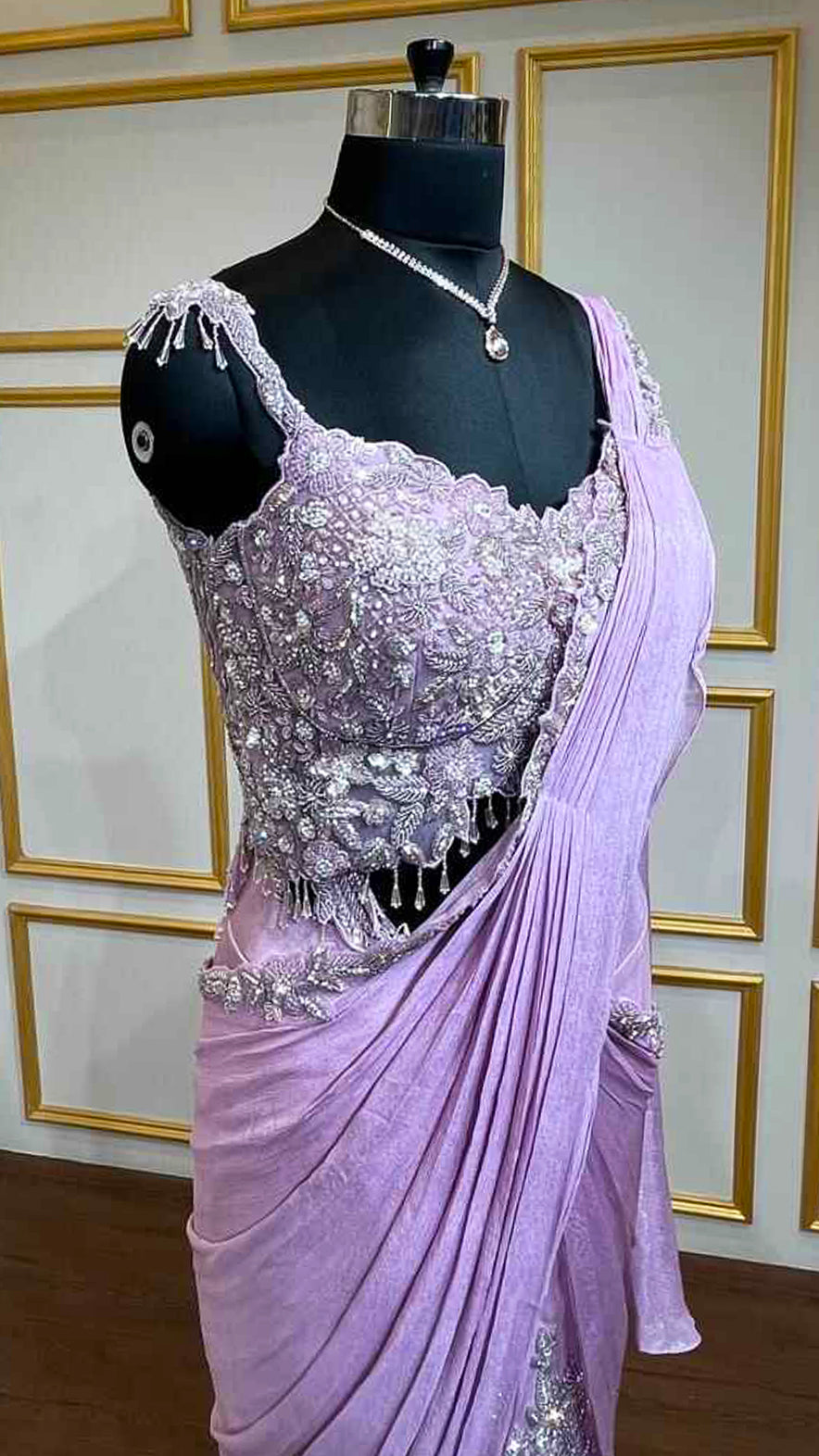 Chinon draped skirt with crystal & pearl handwork asymmetrical blouse in lilac