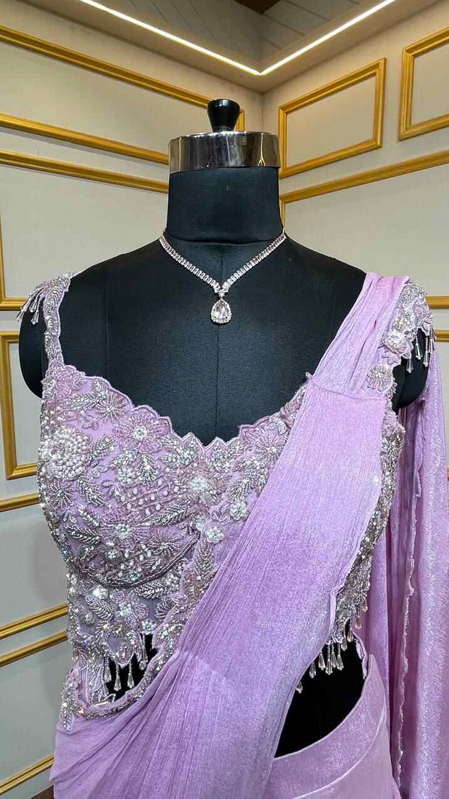 Chinon draped skirt with crystal & pearl handwork asymmetrical blouse in lilac