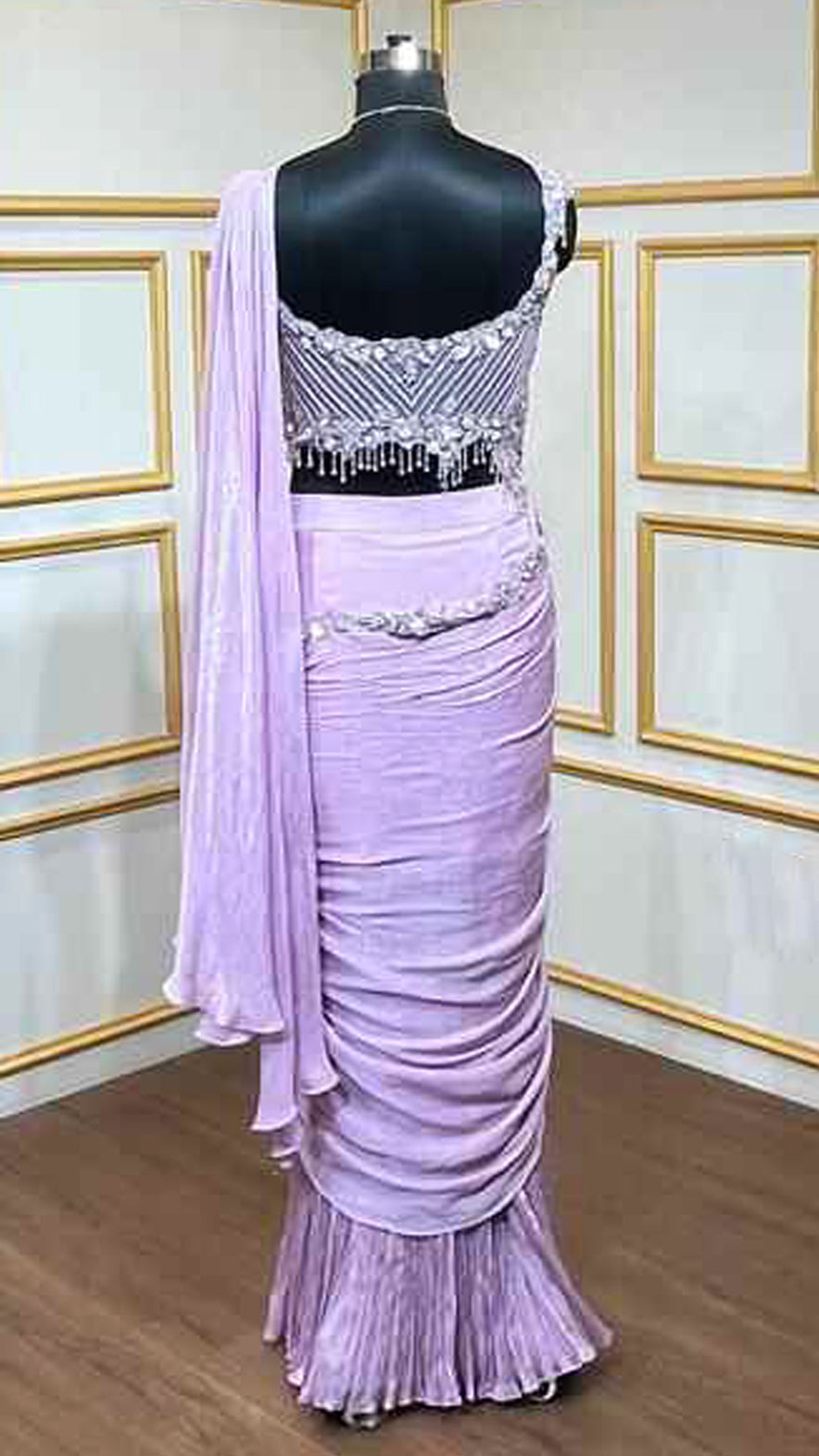 Chinon draped skirt with crystal & pearl handwork asymmetrical blouse in lilac