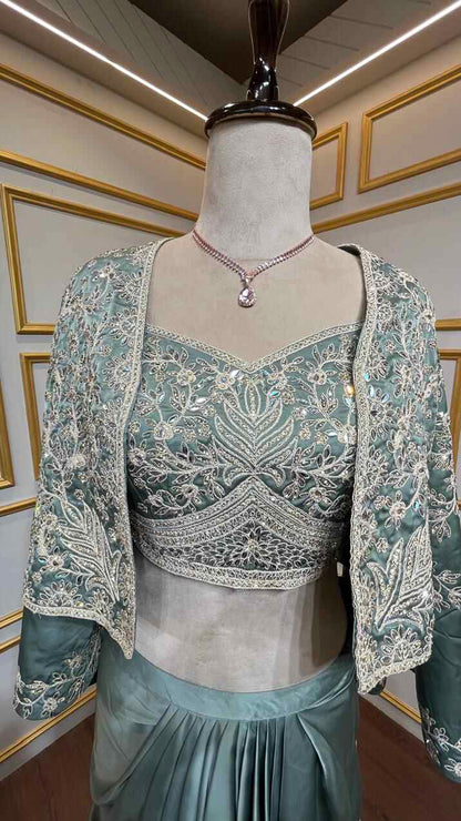 Satin dhoti skirt with thread & crystal work crop top and jacket in pine green