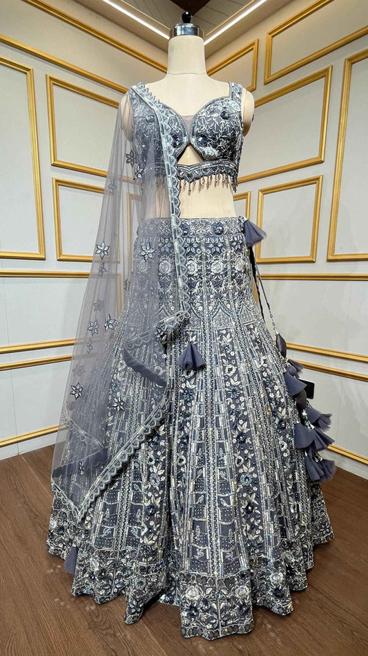 Pearl & resham work on dusty lavender lehenga with cutwork blouse and heavy dupatta