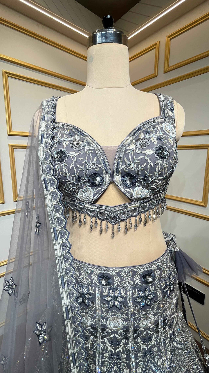 Pearl & resham work on dusty lavender lehenga with cutwork blouse and heavy dupatta