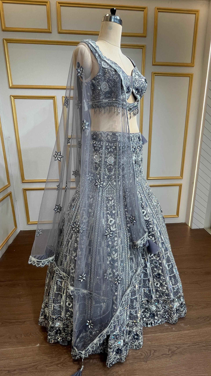 Pearl & resham work on dusty lavender lehenga with cutwork blouse and heavy dupatta