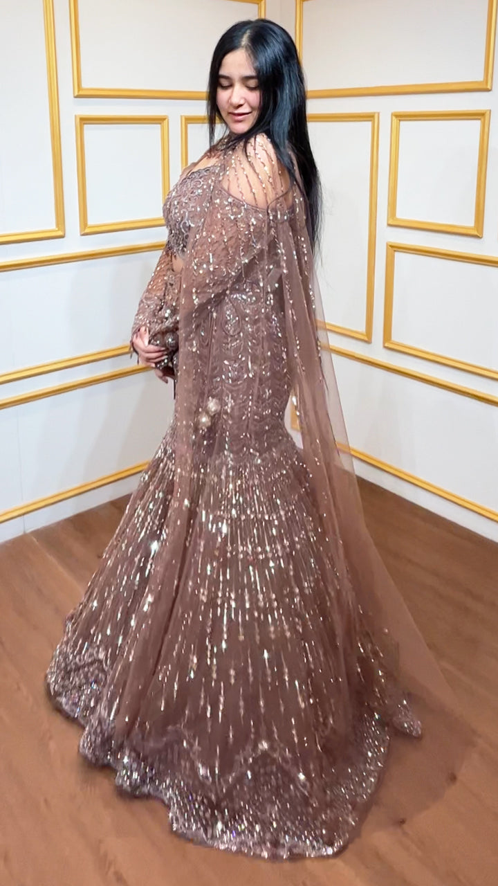 Cut dana & sequins work on ash brown mermaid lehenga with designer blouse and chokar dupatta