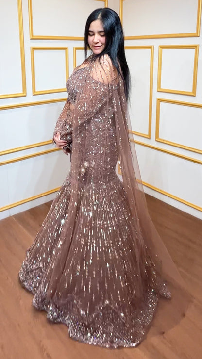Cut dana & sequins work on ash brown mermaid lehenga with designer blouse and chokar dupatta