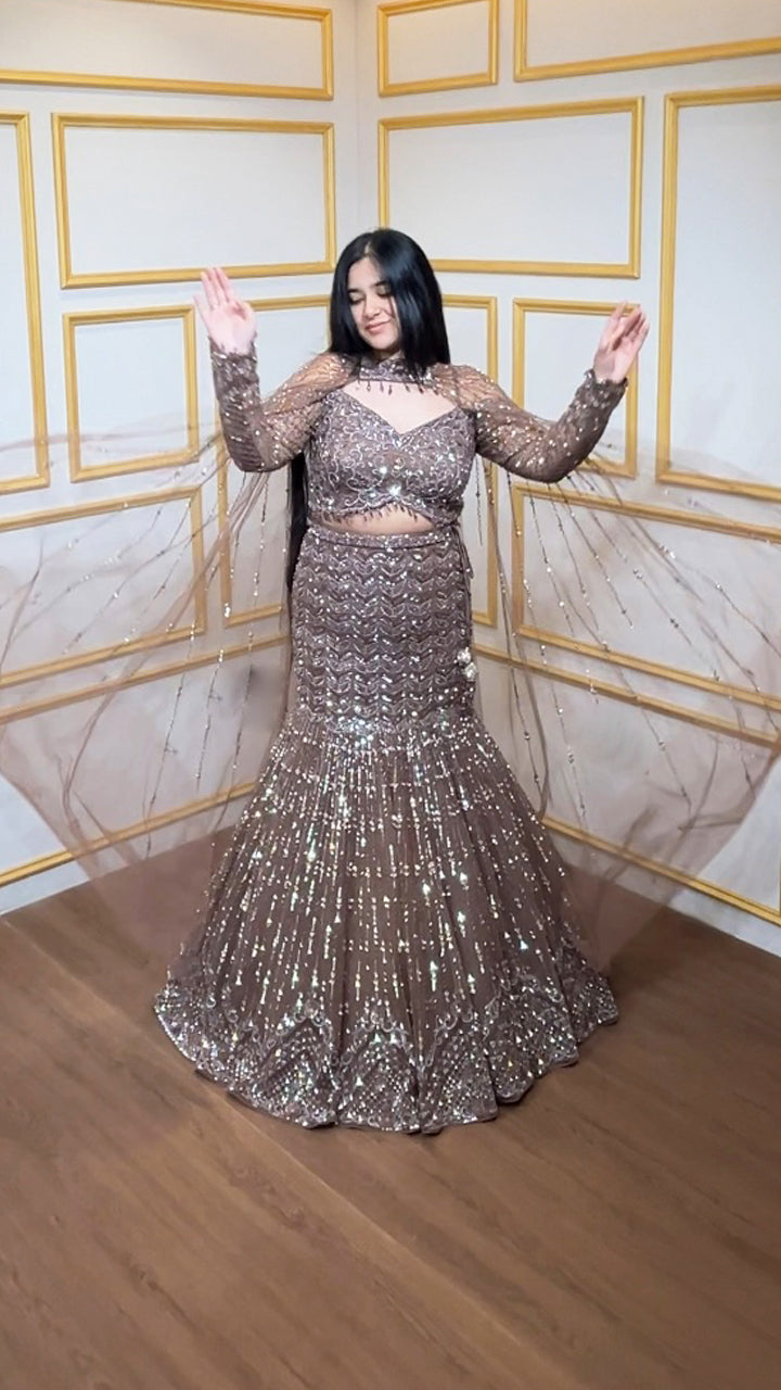 Cut dana & sequins work on ash brown mermaid lehenga with designer blouse and chokar dupatta