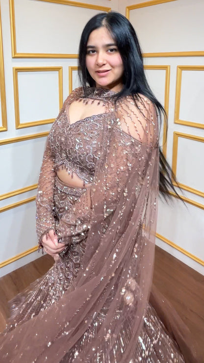 Cut dana & sequins work on ash brown mermaid lehenga with designer blouse and chokar dupatta