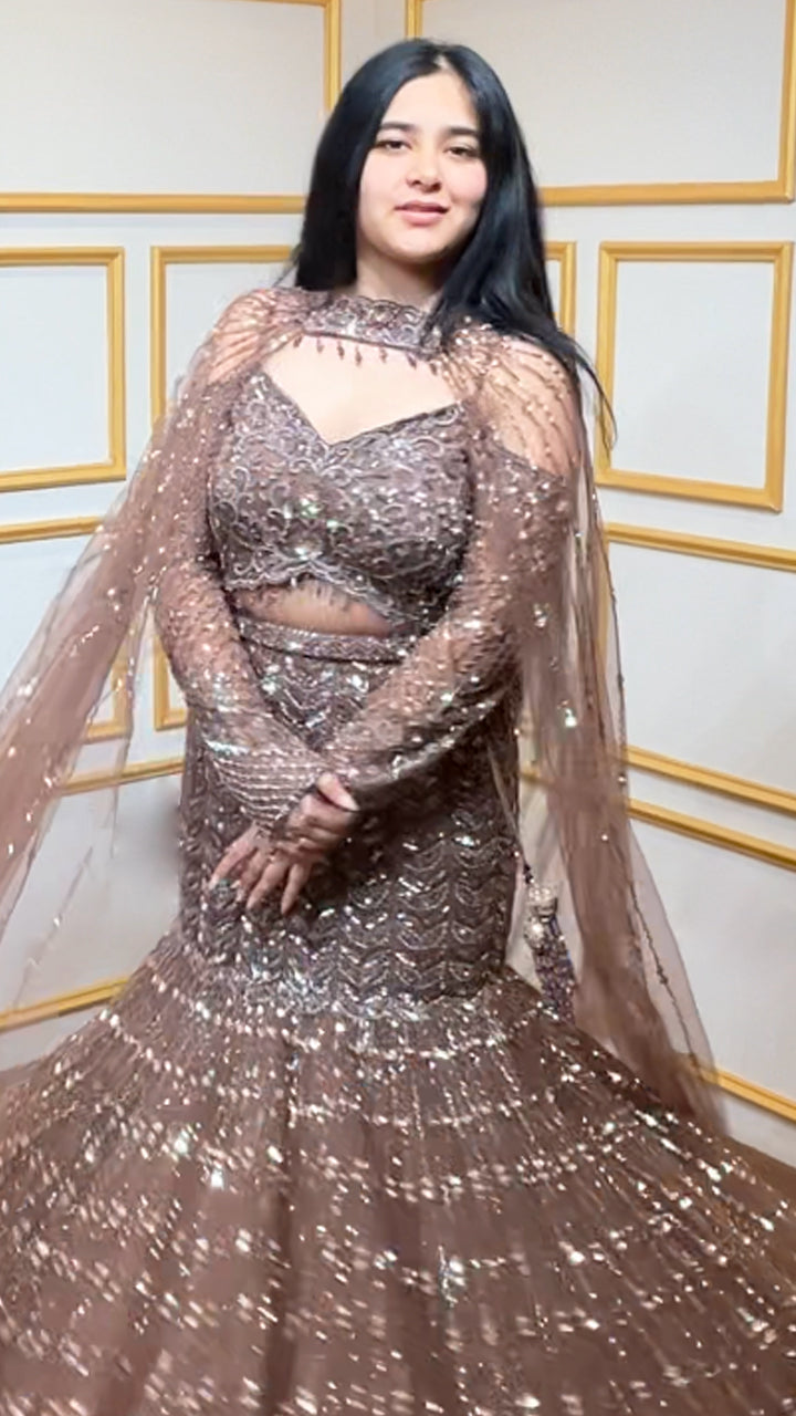 Cut dana & sequins work on ash brown mermaid lehenga with designer blouse and chokar dupatta