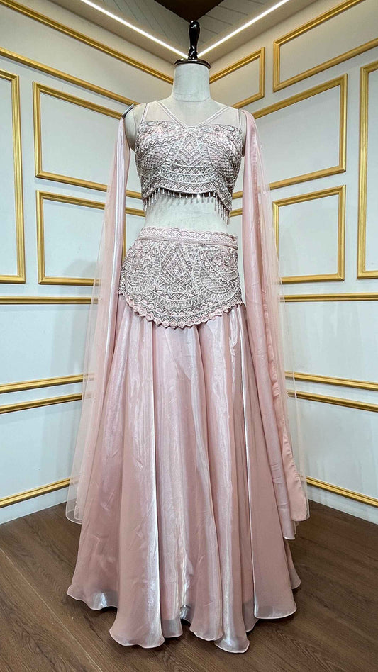 Peach pink crop top skirt with mirror & pearl work on organza
