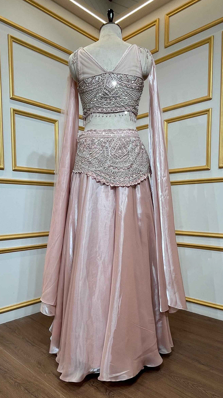 Peach pink crop top skirt with mirror & pearl work on organza