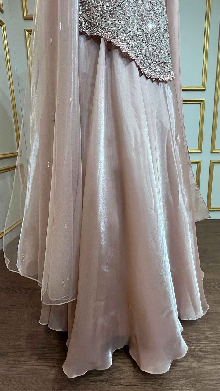 Peach pink crop top skirt with mirror & pearl work on organza