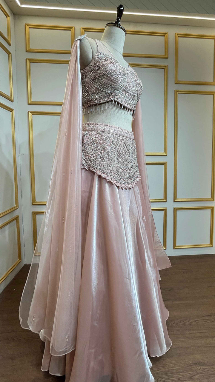 Peach pink crop top skirt with mirror & pearl work on organza