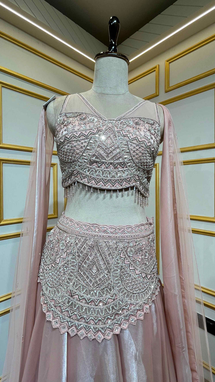 Peach pink crop top skirt with mirror & pearl work on organza