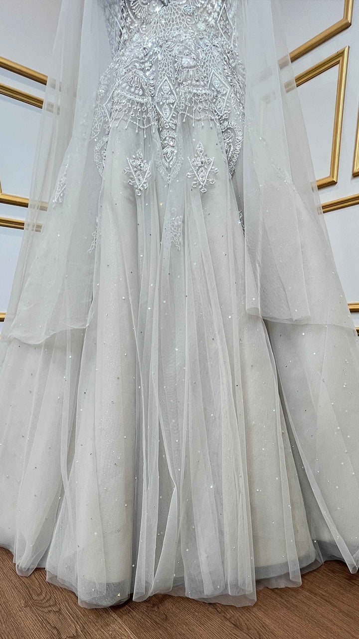 Net engagement gown with zarkan & cut dana work and detachable neck collar in nude beige