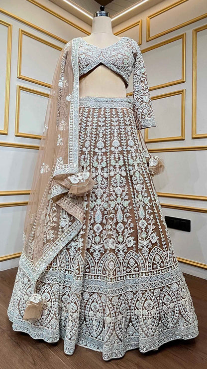 Net Nude Brown lehenga with thread & Cut Dana work for Bridesmaids