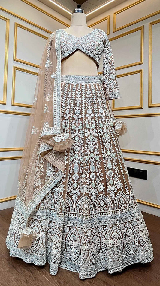 Net Nude Brown lehenga with thread & Cut Dana work for Bridesmaids