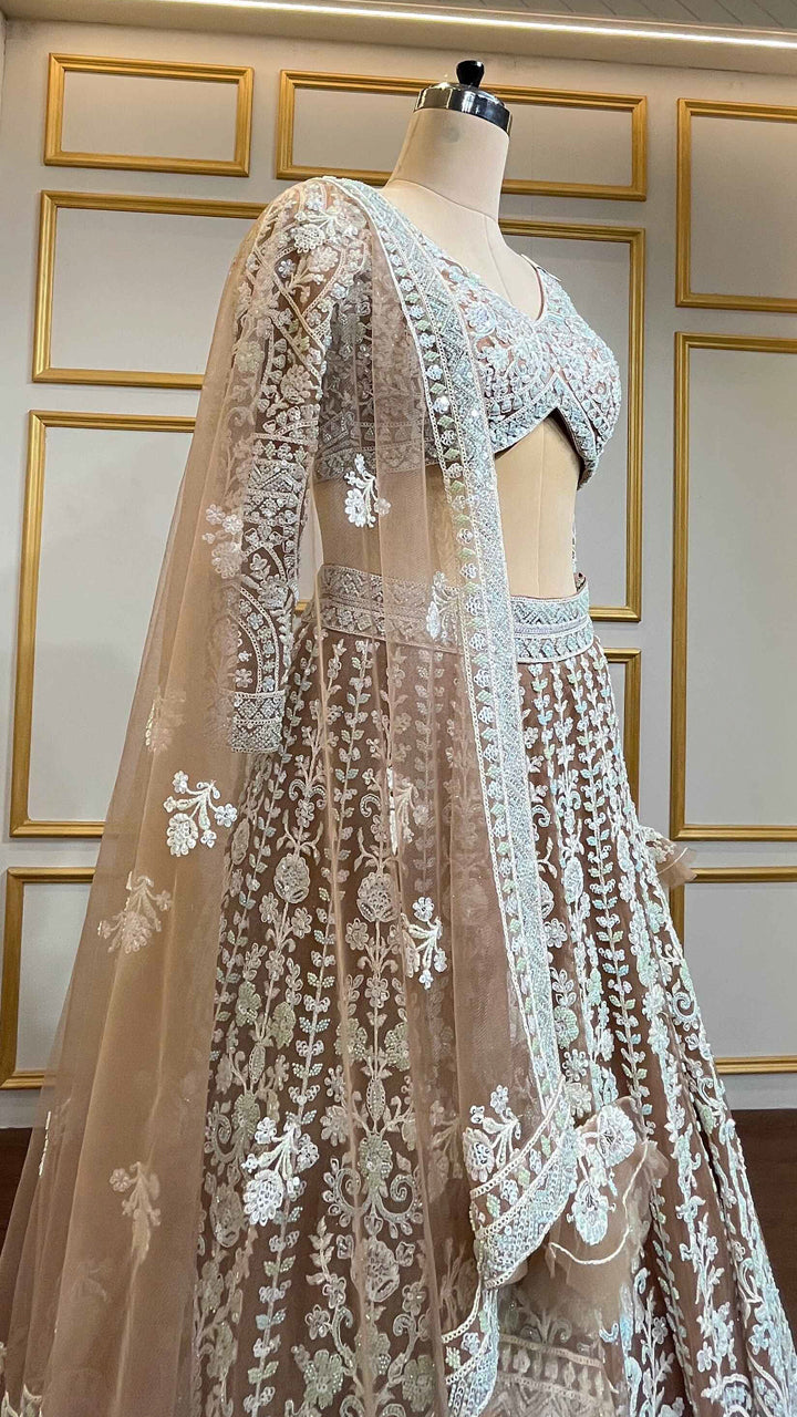 Net Nude Brown lehenga with thread & Cut Dana work for Bridesmaids