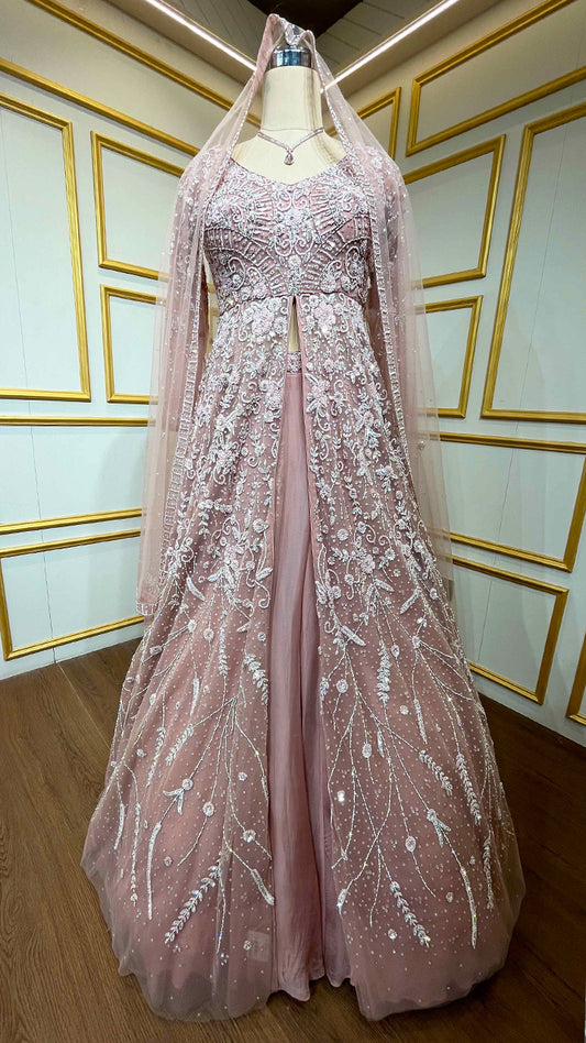 Onion pink indo western dress with crystal and pearl with heavy dupatta