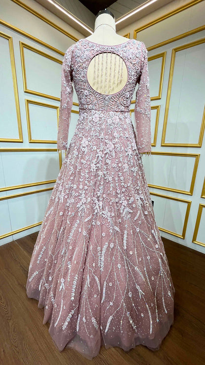 Onion pink indo western dress with crystal and pearl with heavy dupatta