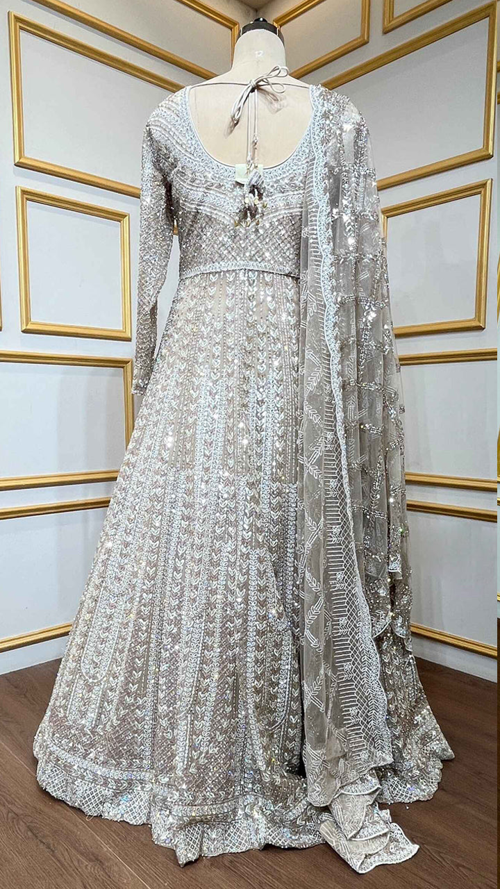 Golden beige indo western dress with crystal & sequin work with heavy dupatta