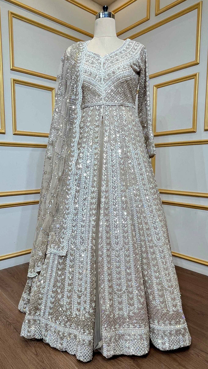Golden beige indo western dress with crystal & sequin work with heavy dupatta