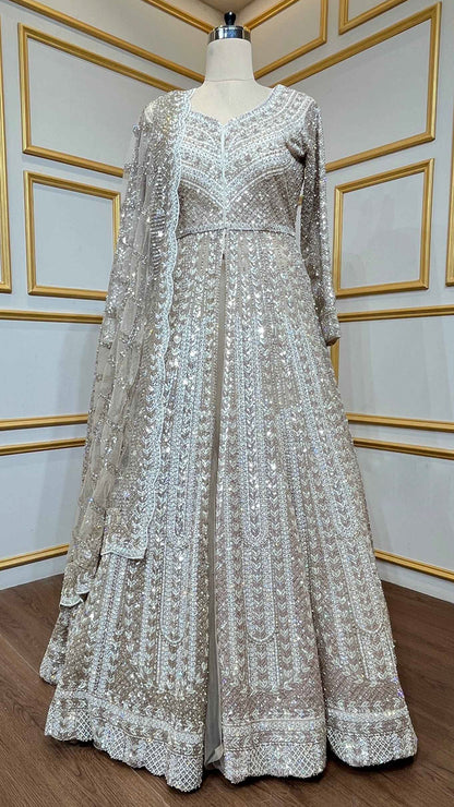 Golden beige indo western dress with crystal & sequin work with heavy dupatta