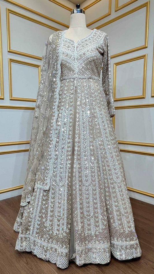 Golden beige indo western dress with crystal & sequin work with heavy dupatta