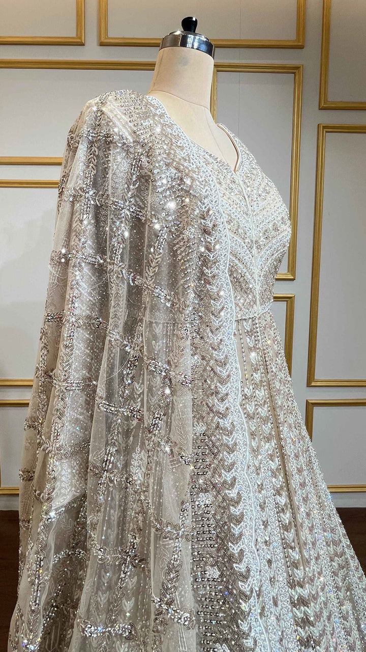Golden beige indo western dress with crystal & sequin work with heavy dupatta