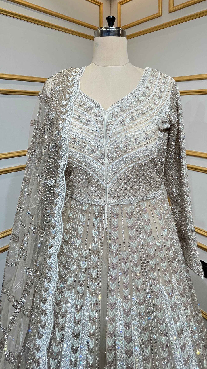 Golden beige indo western dress with crystal & sequin work with heavy dupatta