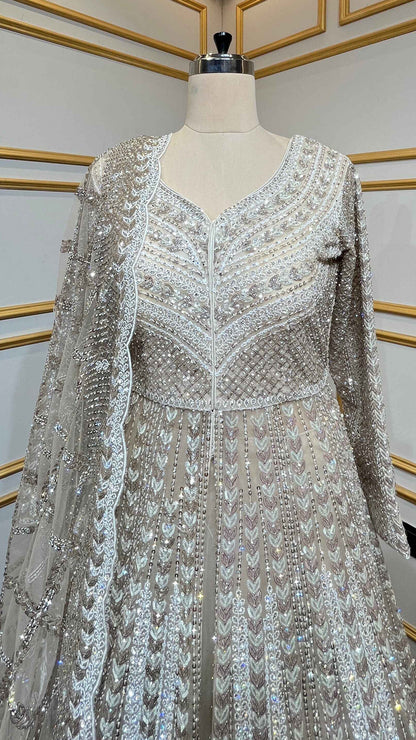 Golden beige indo western dress with crystal & sequin work with heavy dupatta