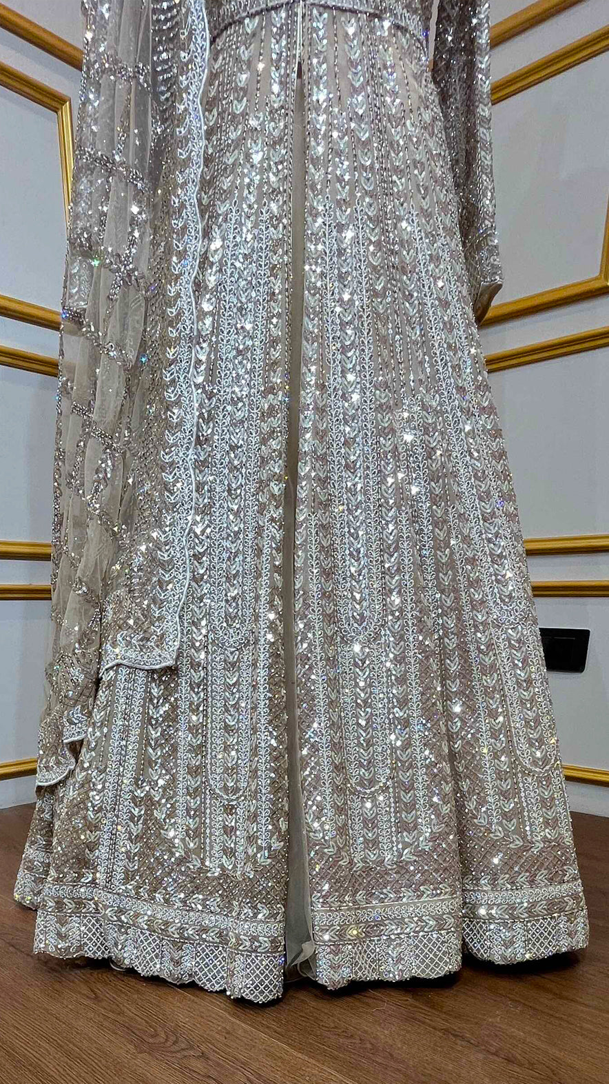 Golden beige indo western dress with crystal & sequin work with heavy dupatta