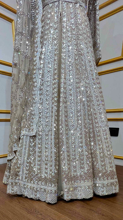 Golden beige indo western dress with crystal & sequin work with heavy dupatta