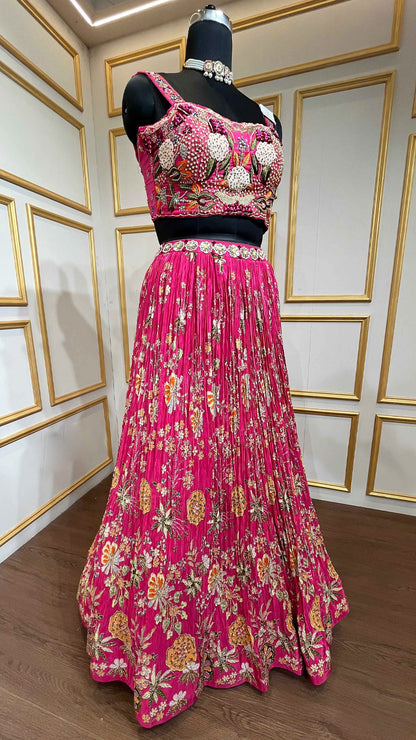 Hot pink lehenga choli with pearl & resham work and cut work dupatta