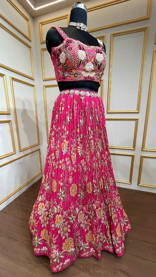 Hot pink lehenga choli with pearl & resham work and cut work dupatta