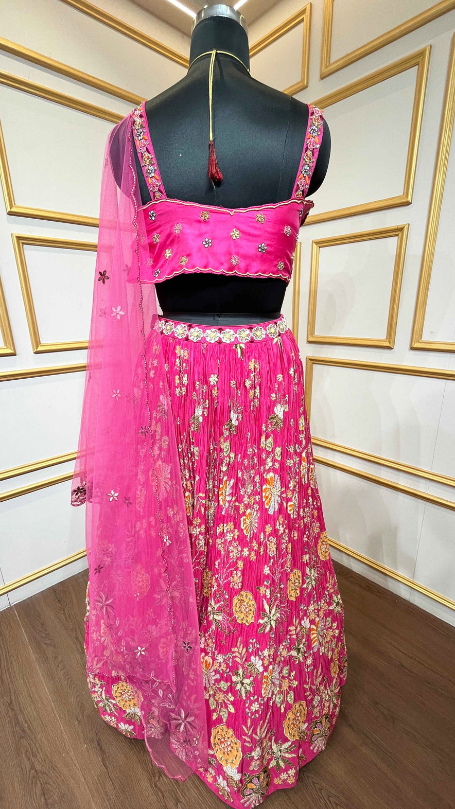 Hot pink lehenga choli with pearl & resham work and cut work dupatta