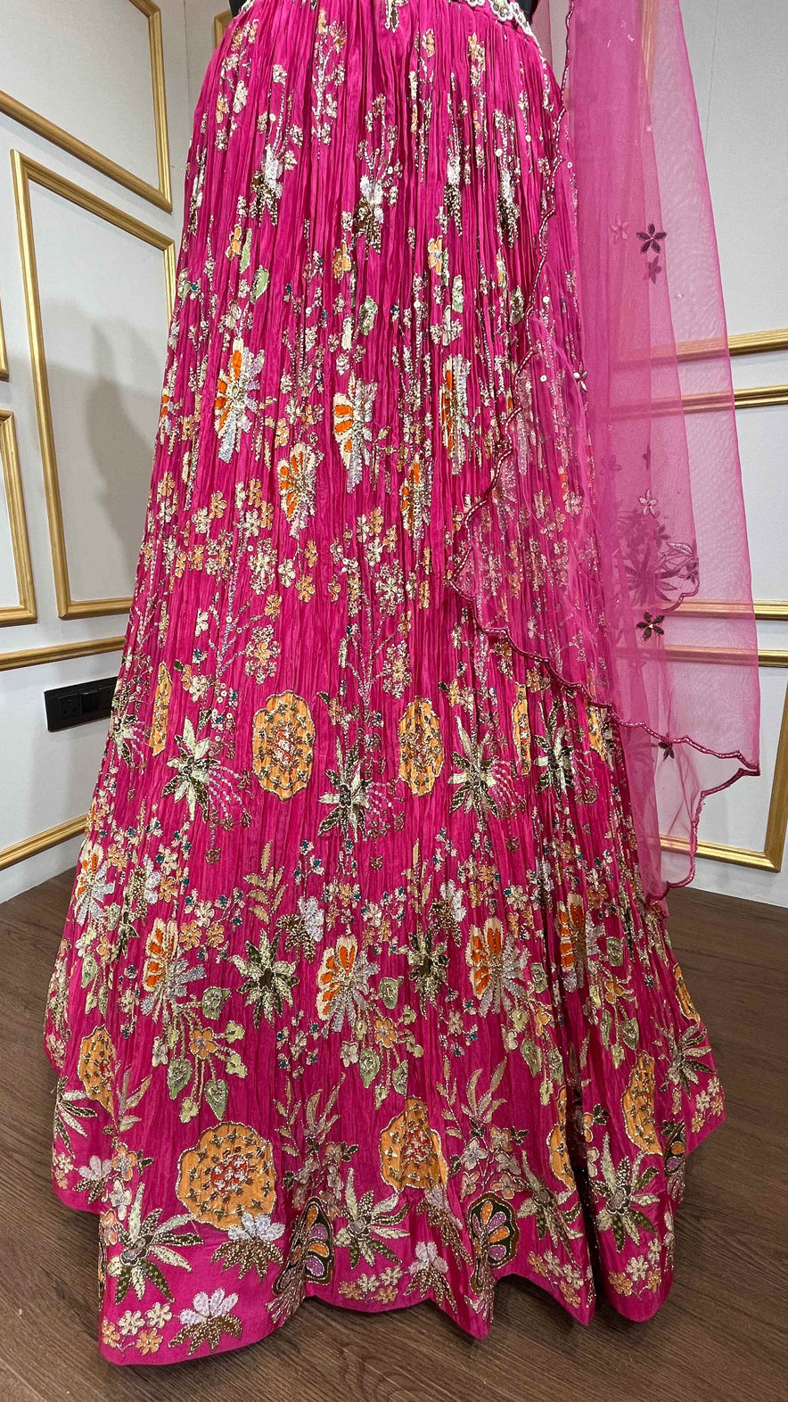Hot pink lehenga choli with pearl & resham work and cut work dupatta