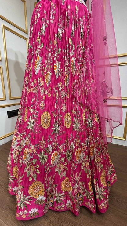 Hot pink lehenga choli with pearl & resham work and cut work dupatta