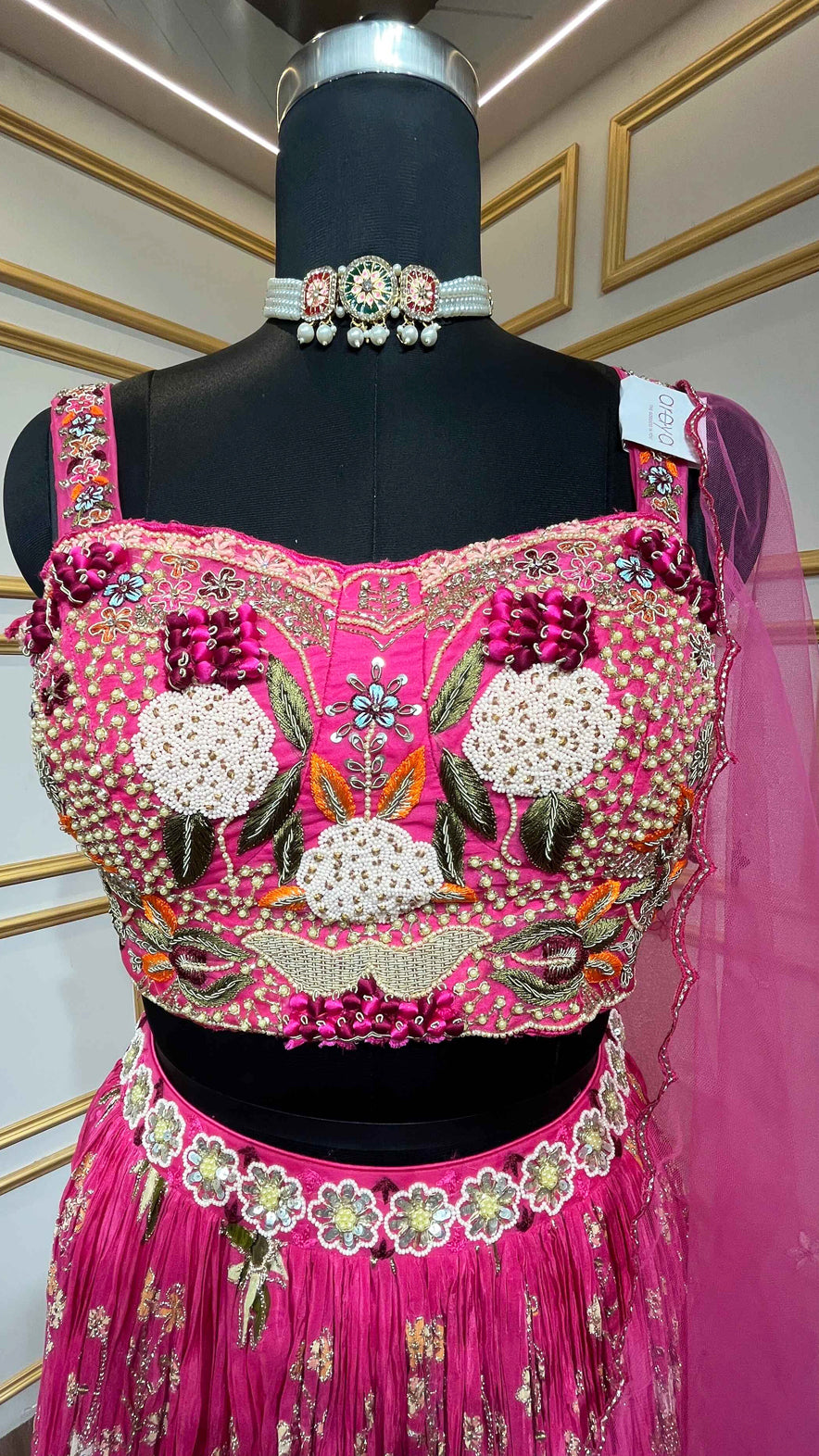 Hot pink lehenga choli with pearl & resham work and cut work dupatta