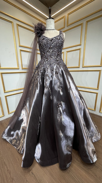 Espresso brown ball gown with sequins & crystal in liquid organza