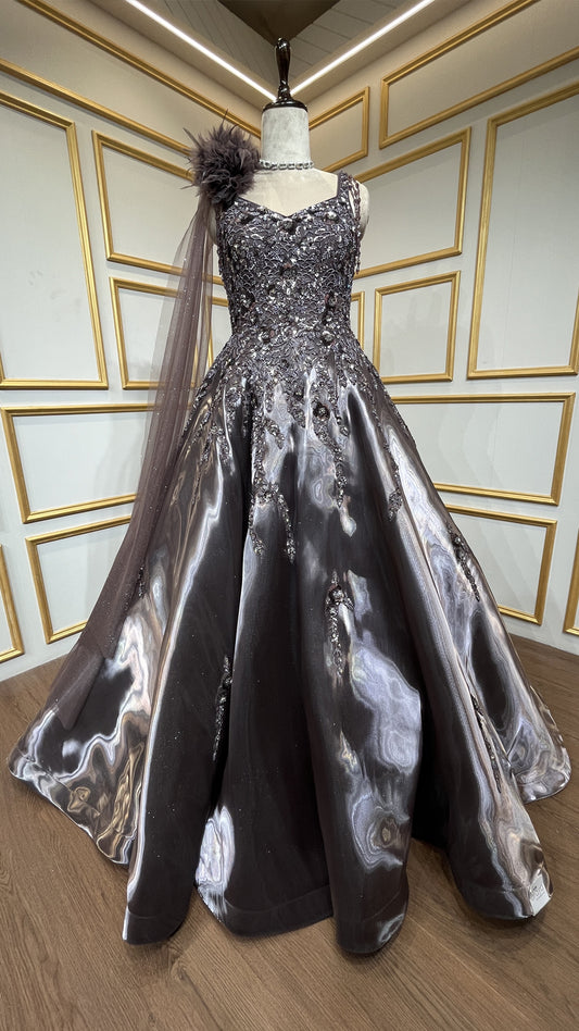 Espresso brown ball gown with sequins & crystal in liquid organza
