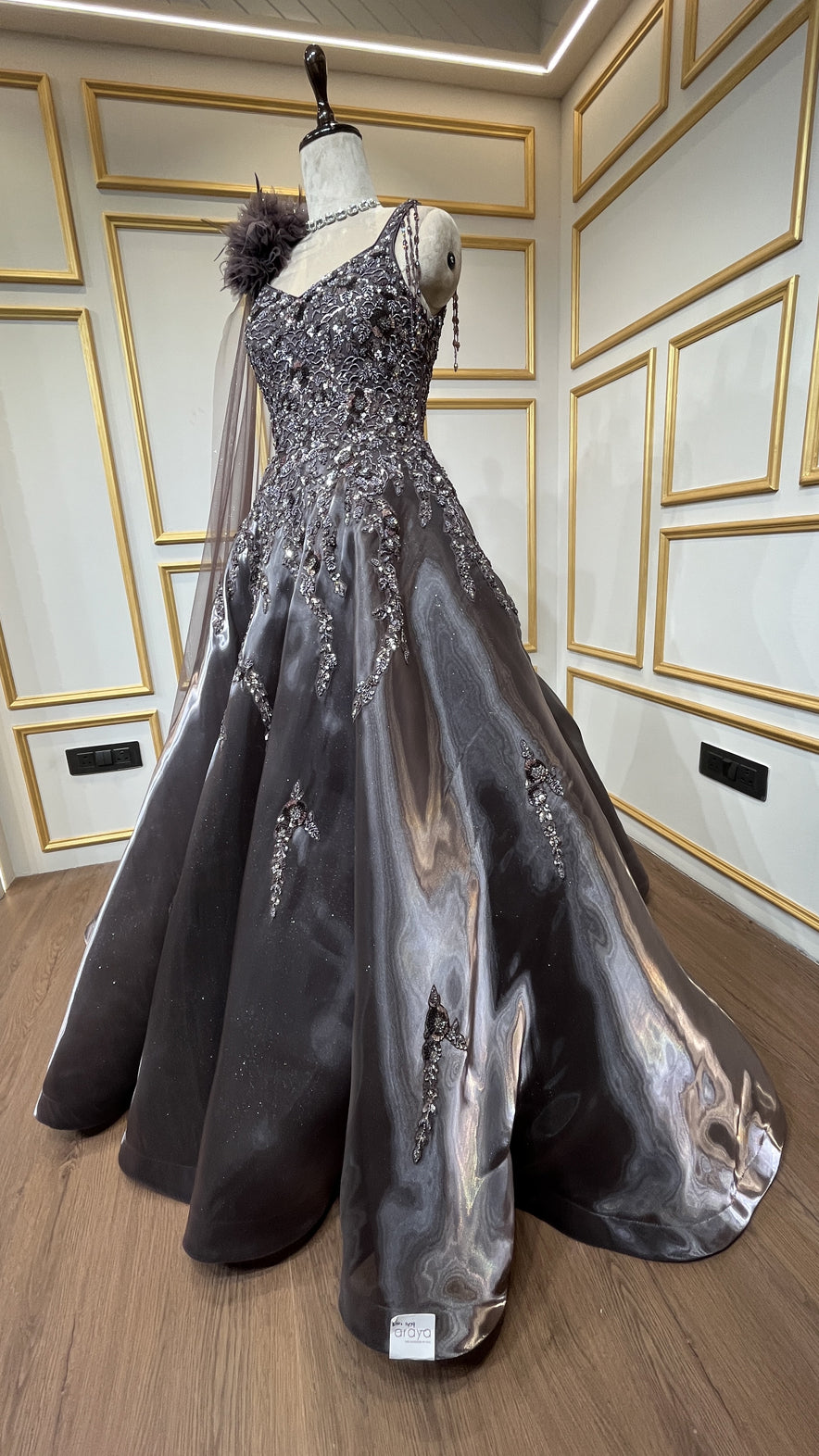 Espresso brown ball gown with sequins & crystal in liquid organza